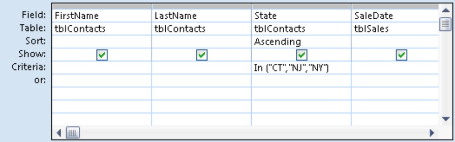 Using the In operator to find all records for buyer state being either CT, NJ, or NY.